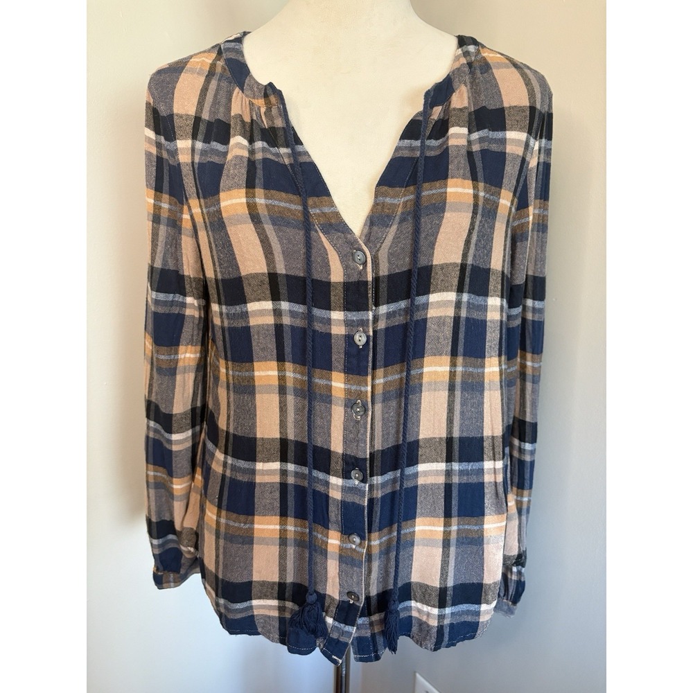 Liverpool Plaid Button Up Peasant Blouse Top Navy Blue Tan Tassel Tie S Small - Picture 2 of 9